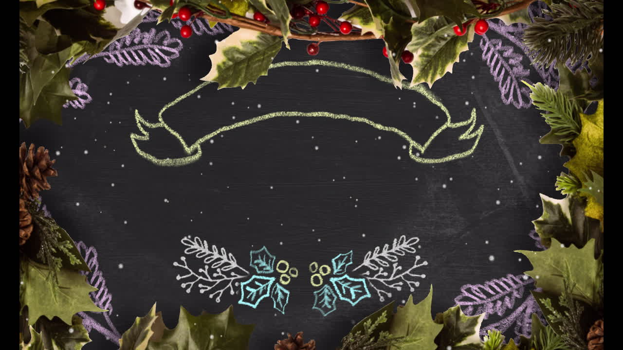 Animation of snow falling over holly, snowflakes and ribbon with copy space on black background
