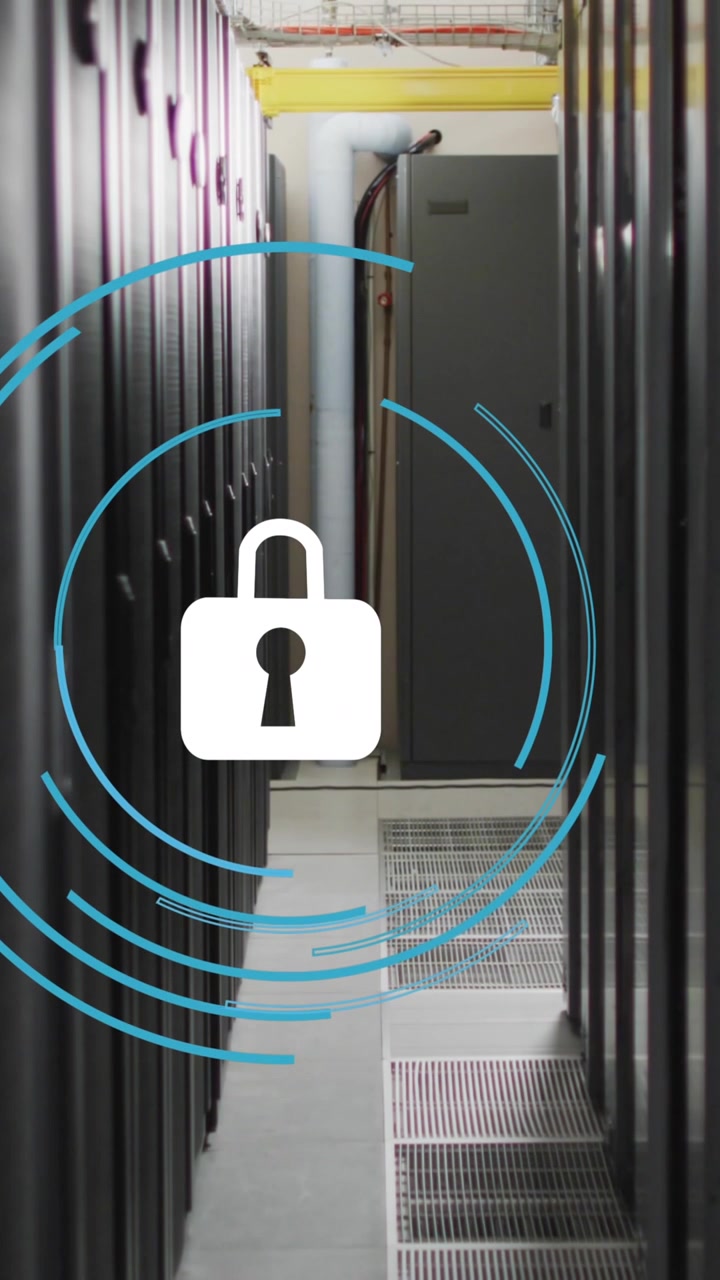 Animation of security padlock icon against computer server room