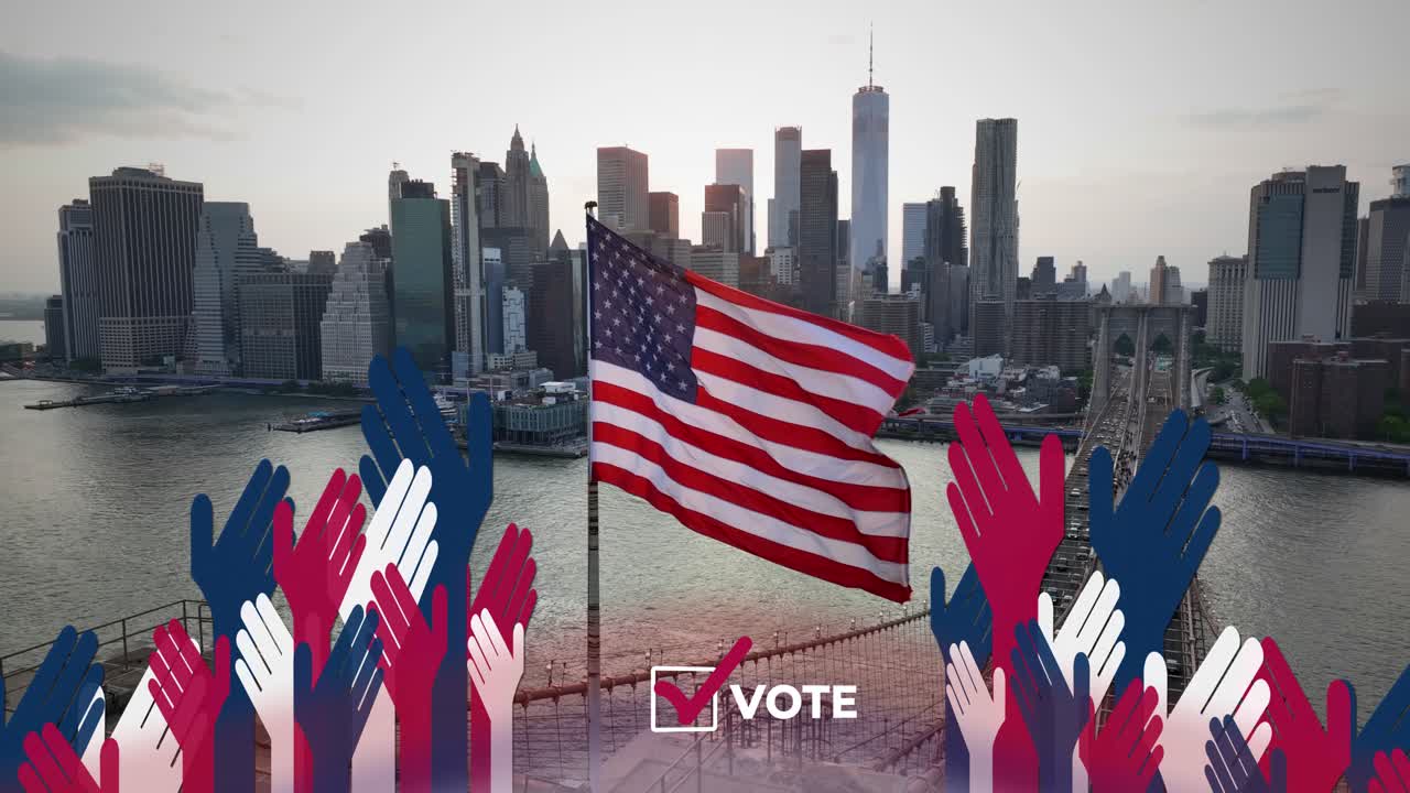 Animated hands and vote checkbox on drone shot of American flag flying on Brooklyn Bridge with view of Lower Manhattan, New York City