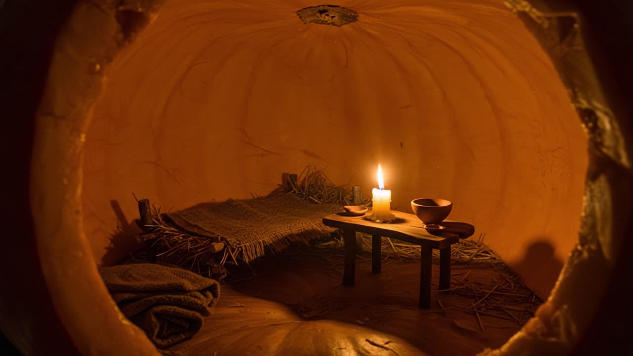 Cozy Pumpkin Retreat: A Soft Glow from a Candle Illuminates a Simple Room with Straw Bedding and a Small Table, Capturing a Warm, Rustic Vibe
