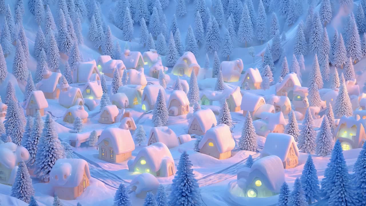A Serene Winter Wonderland: A Cozy Village Blanketed in Snow, Surrounded by Frosty Pine Trees, Glistening in the Soft Glow of Evening Lights