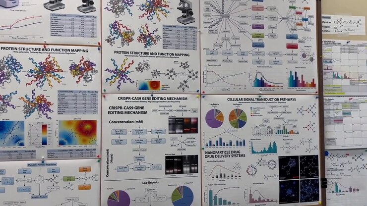 Scientific Research Posters With Charts Graphs and Molecular Diagrams on Lab Wall
