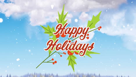animation of happy holidays text over sky with clouds and winter landscape