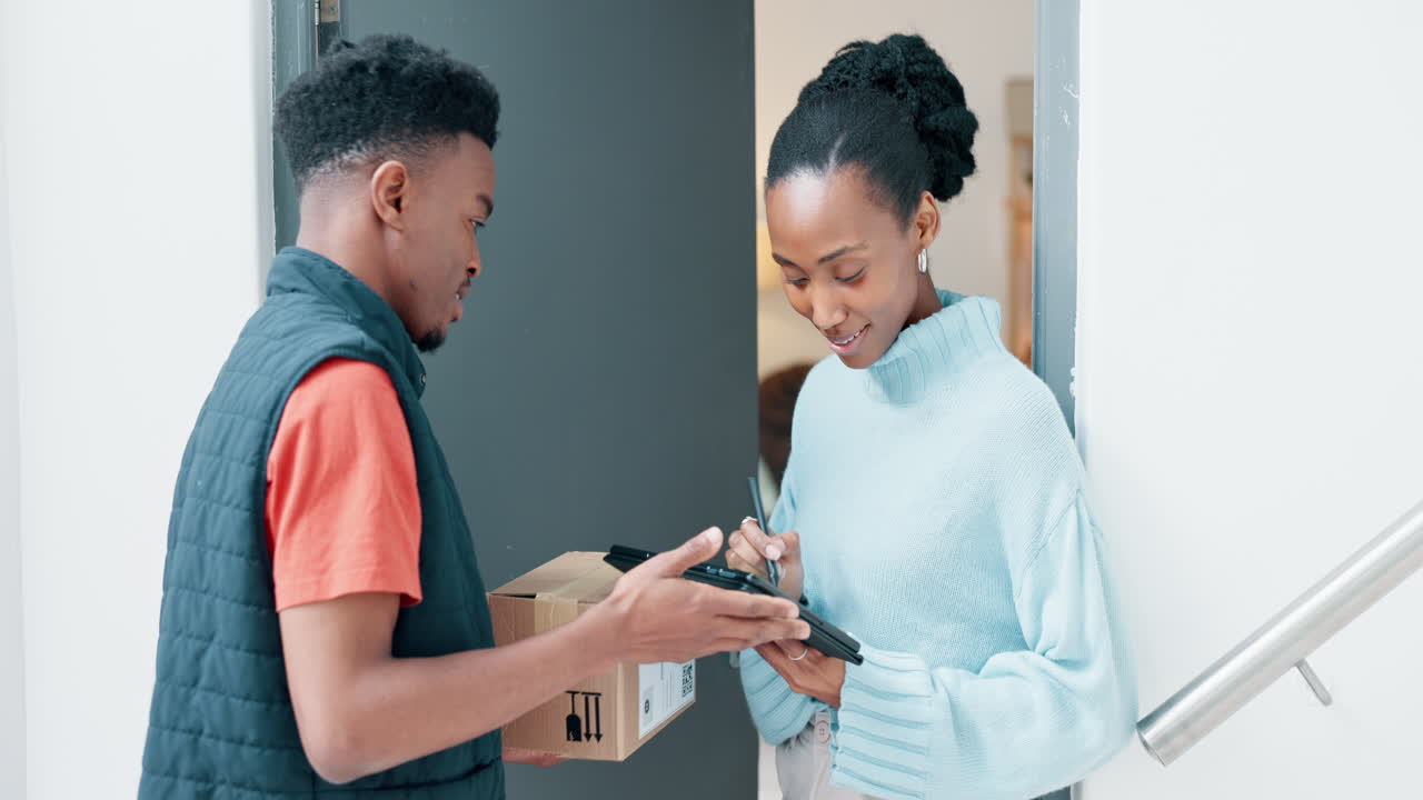 Delivery, box and tablet with black woman at door