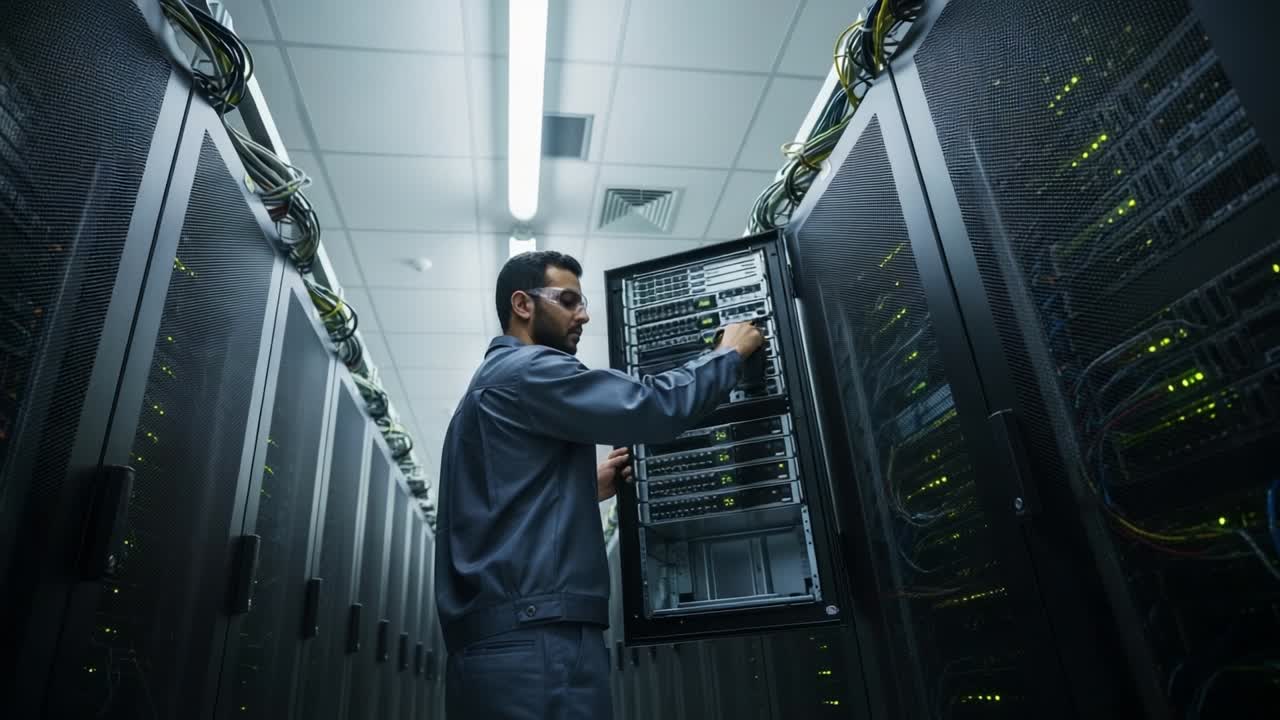 A technician diligently working in a data center, focused on maintaining server hardware, ensuring optimal performance and network stability, surrounded by rows of high-performance servers in a modern setup