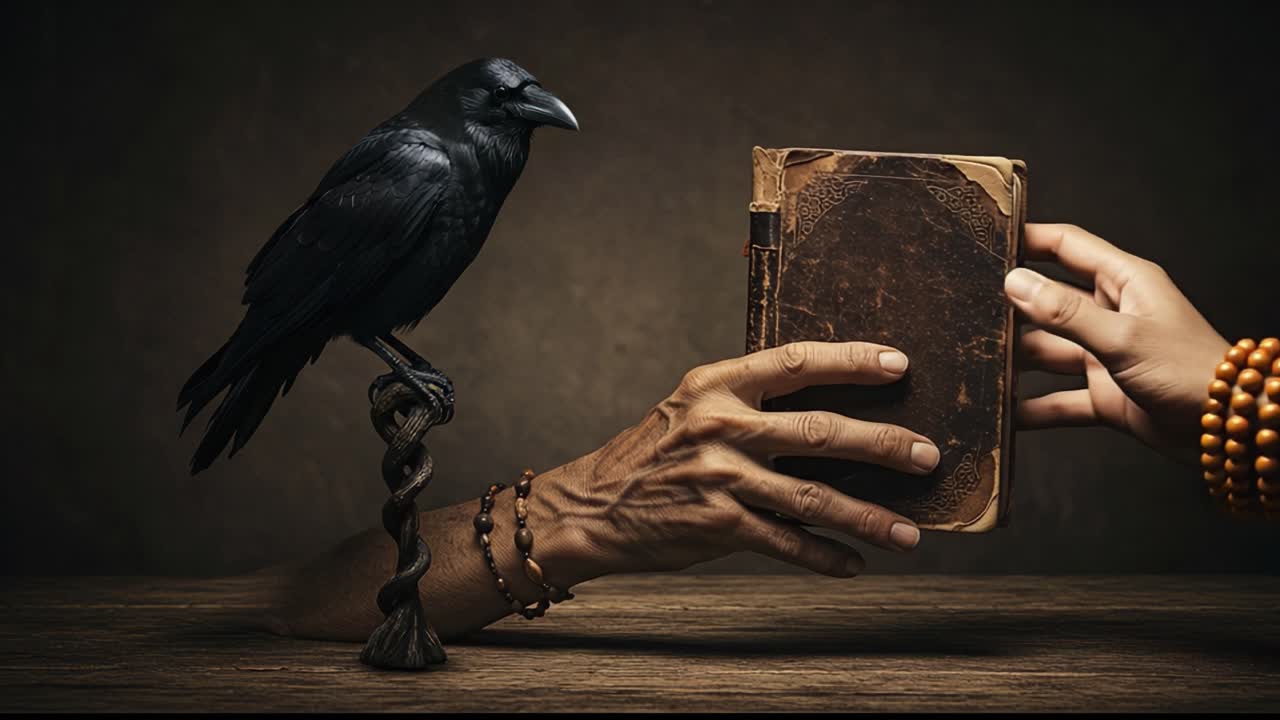 An Enigmatic Encounter: A Mysterious Raven Perched Beside an Outstretched Hand Holding an Ancient Book, a Scene of Intrigue and Symbolism