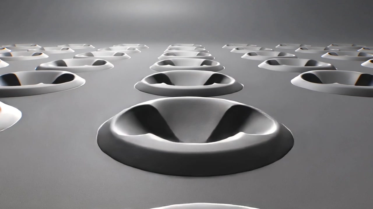Moving camera revealing central row of three-lobed concave recesses on studio panel showing pattern