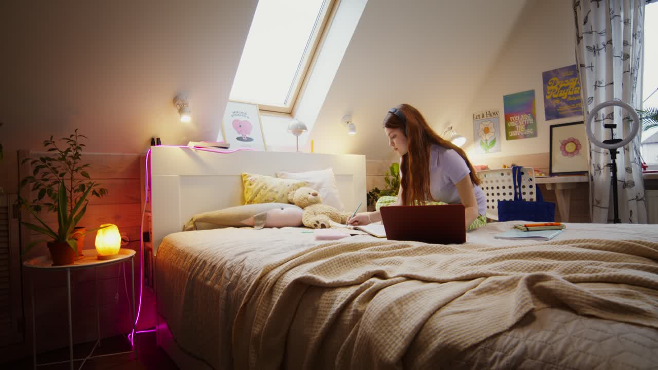 십대 소녀가 침실에서 공부하고 있습니다.