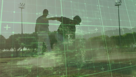 two people playing baseball with green digital grid overlay animation
