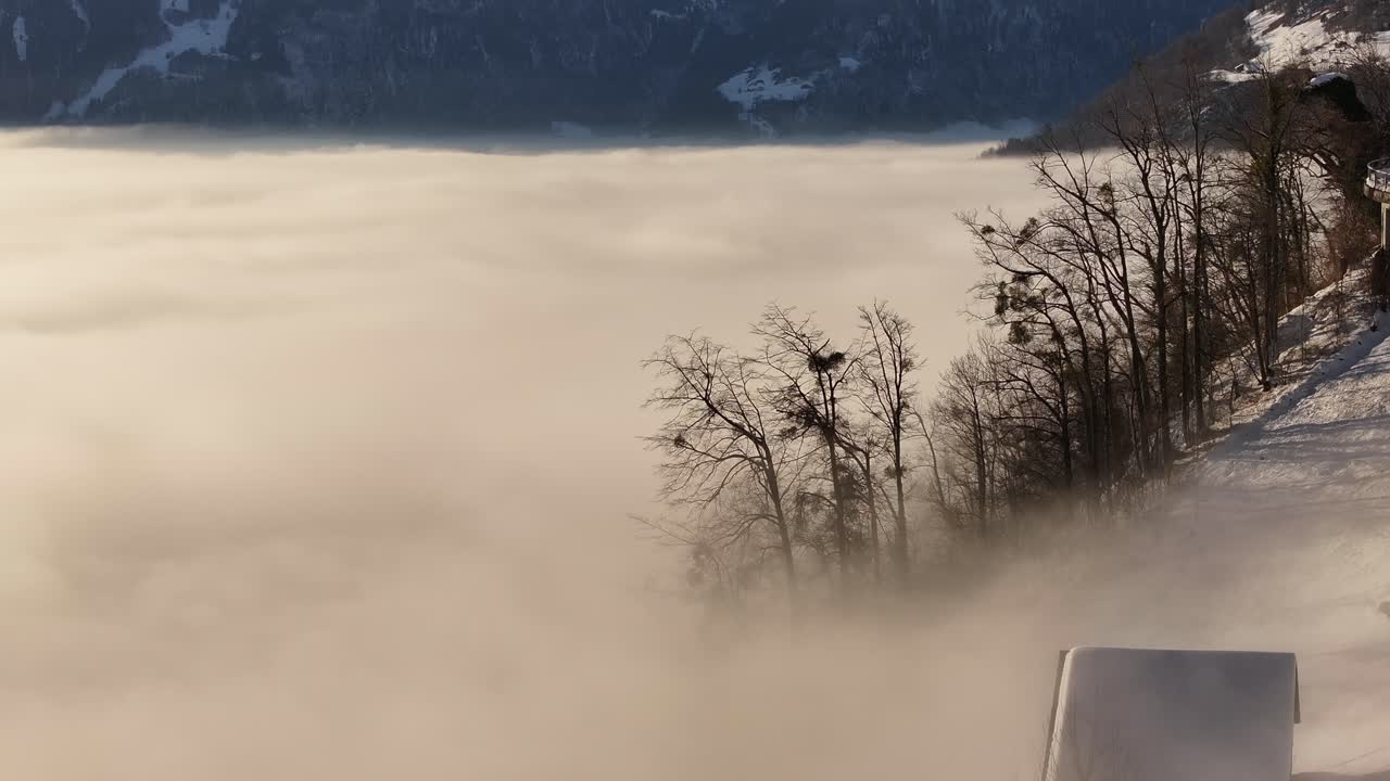 Close-up view of fog gently covering Lake Walensee during winter in the Swiss Alps.
