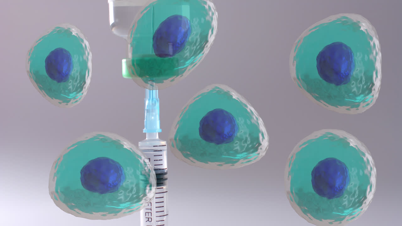 백색 배경에 백신과 병 위에 떠다니는 세포의 애니메이션