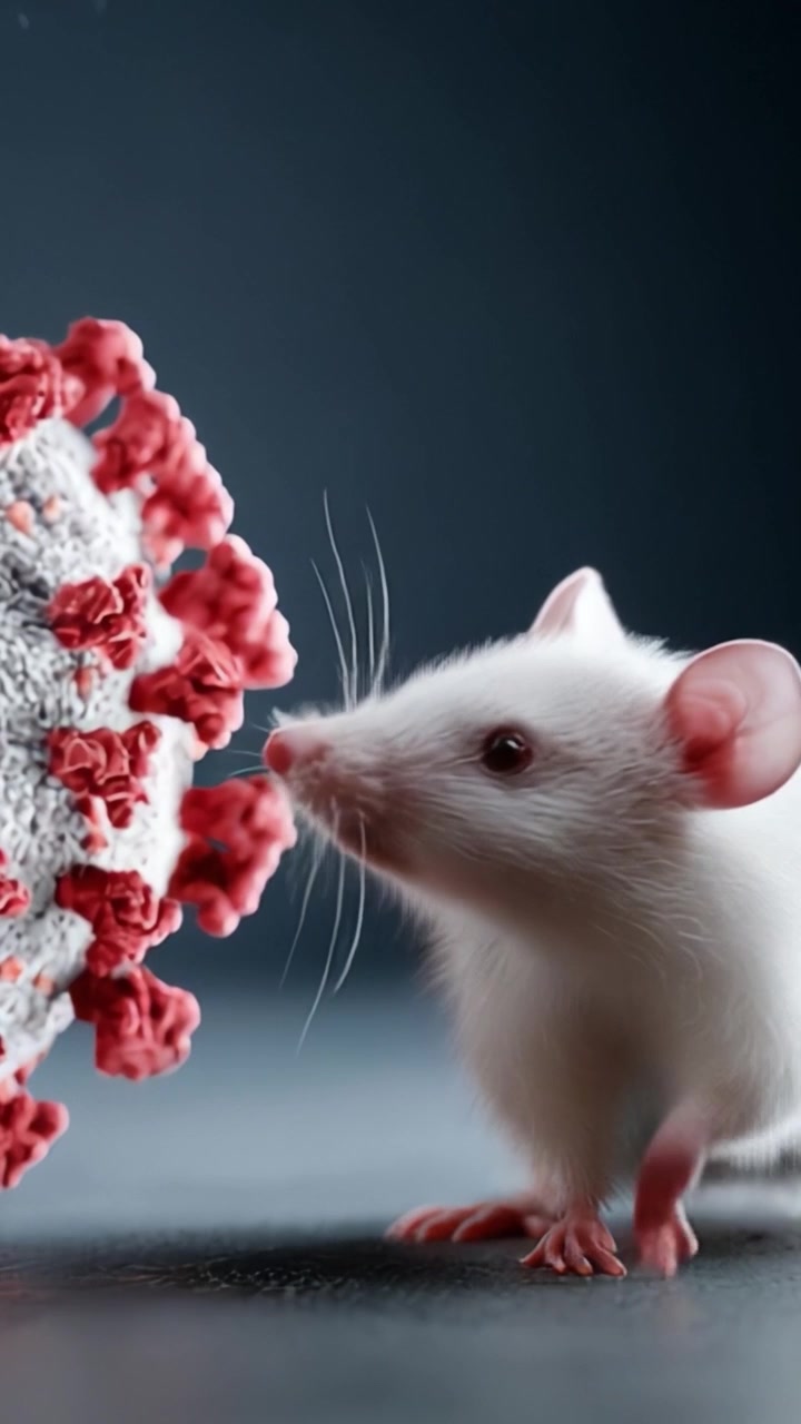 Un topo bianco da laboratorio indaga un modello di coronavirus, mostrando l'intersezione tra ricerca, scienza e salute negli studi biomedici moderni.
