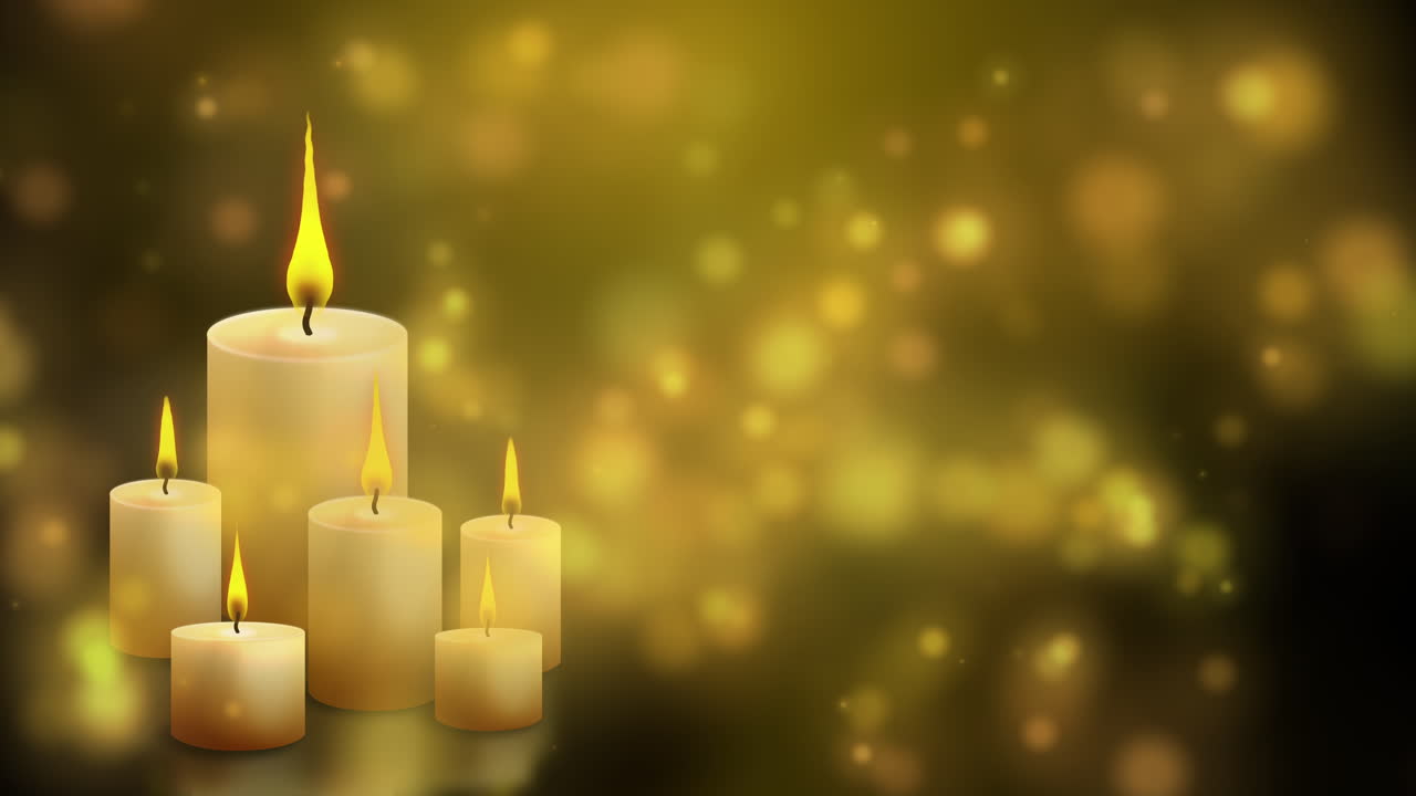Fabulous animation of decorative candles on blue yellow background with blurred bokeh particles. Flickering of candlelight. Looped motion graphics.