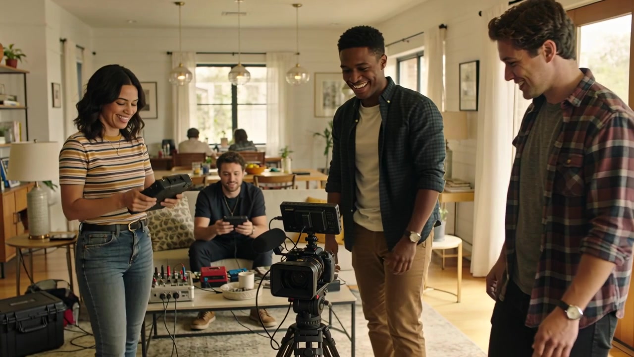 Offering tablet, left woman guiding camera operator at living room, preparing audio mixer