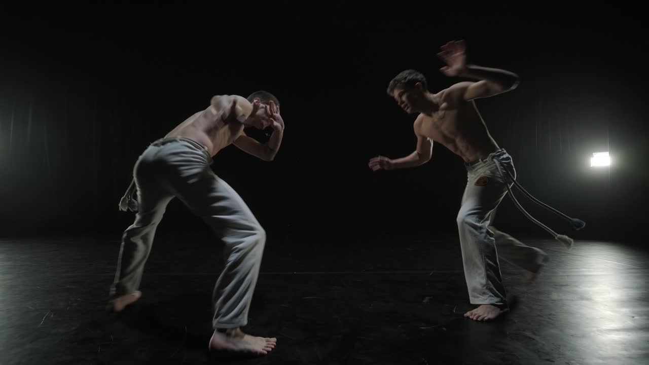 un grupo de bailarines profesionales están practicando capoeira en la oscuridad contra un foco de luz en un fondo negro de estudio. arte marcial afro-brasileño que combina elementos de la danza.