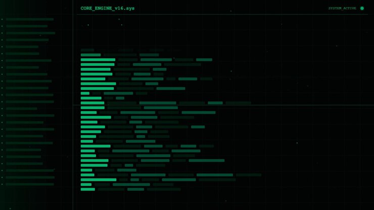 Digitales Interface mit grünem Code und Systemdaten