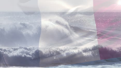 animación de la bandera de francia soplando sobre la ola en el mar