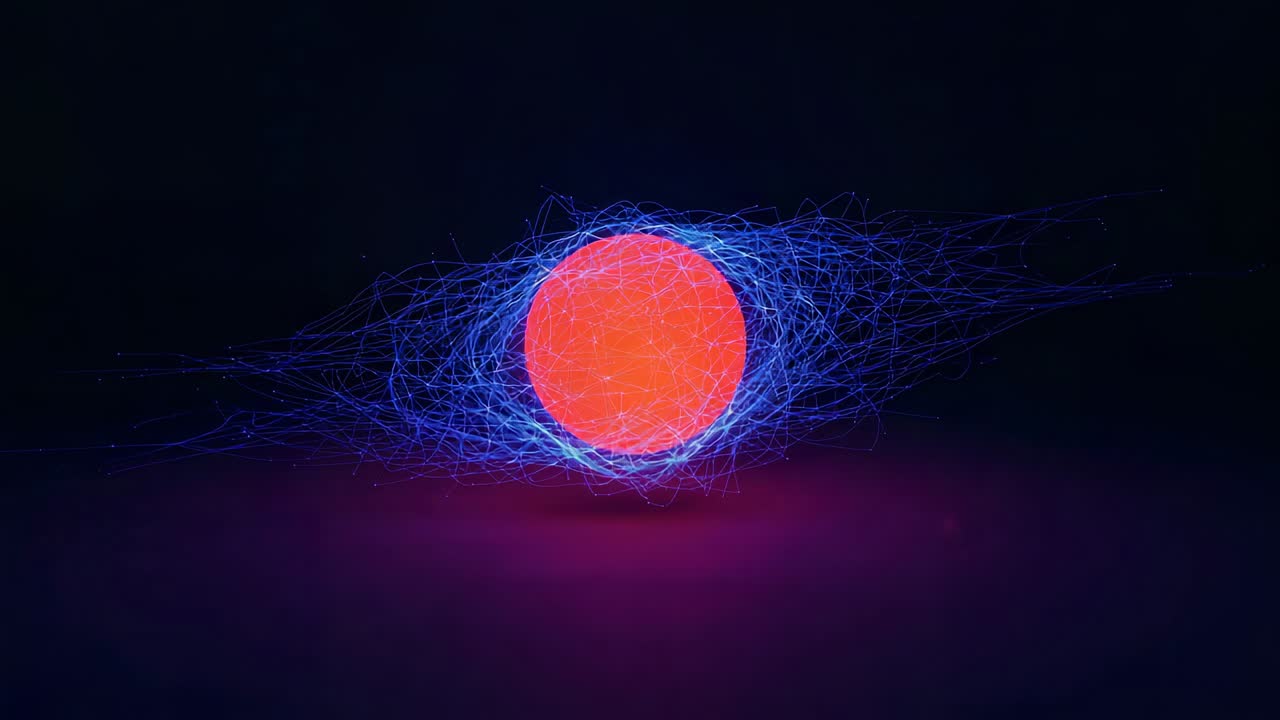 Densità crescente che guida filamenti blu elettrico che si stringono, estendendosi attorno a un globo rosso su un pavimento viola