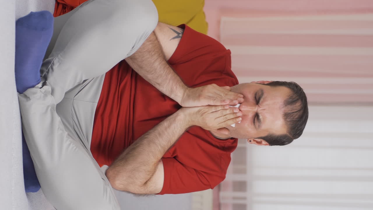 Vertical video of Man covering his mouth and nose while coughing.