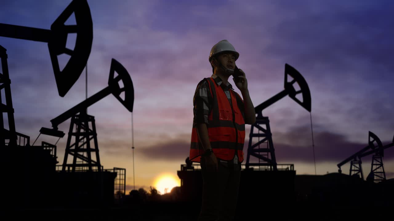vista lateral de un ingeniero masculino asiático con casco de seguridad hablando en su teléfono inteligente mientras está de pie frente a las bombas de petróleo, durante la puesta o salida del sol