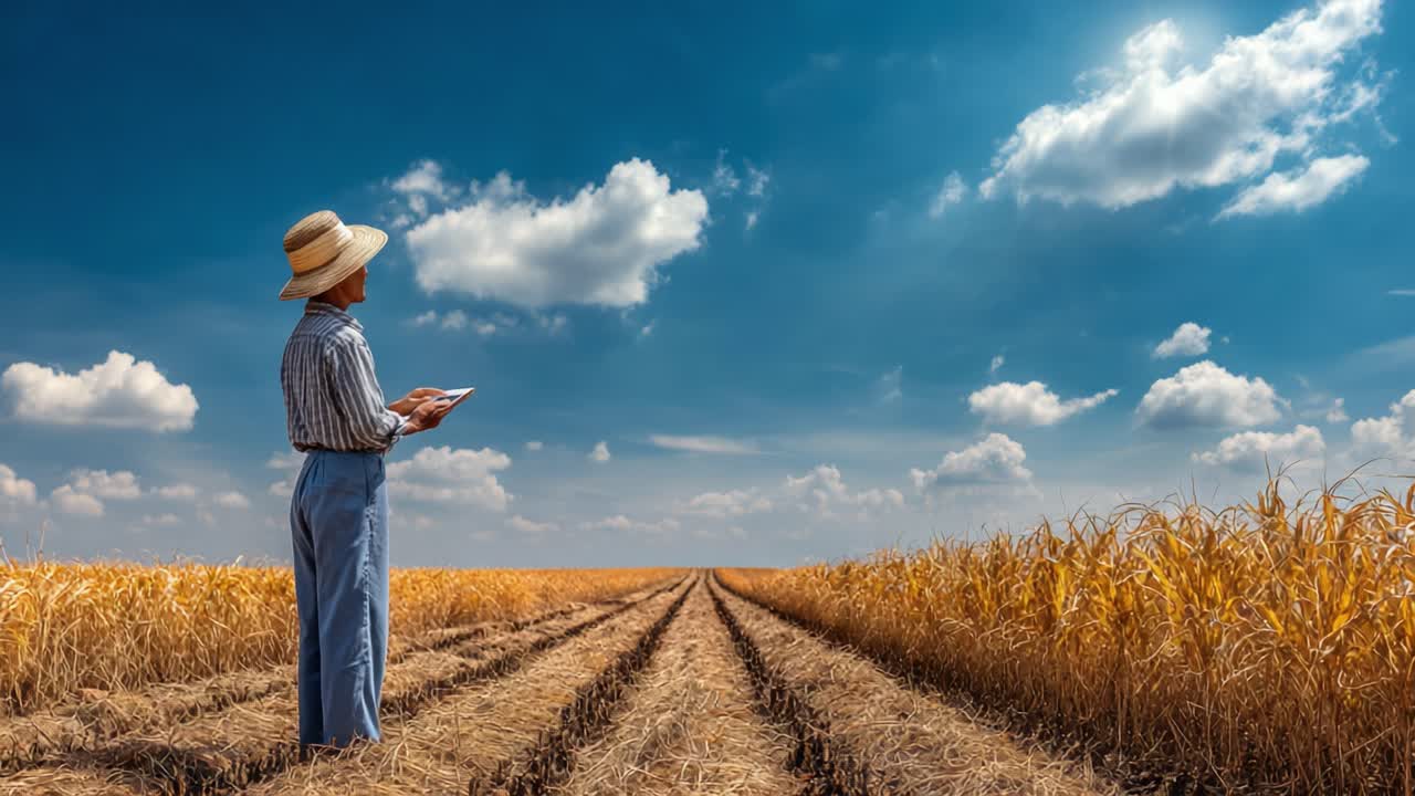A serene farming scene showcasing a person standing in a golden field, gazing thoughtfully at the horizon while holding a tablet beneath the vast blue sky dotted with clouds