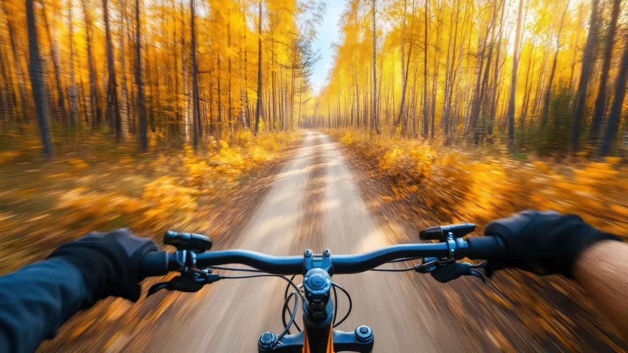 POV video style capturing a cyclist's journey through a vibrant autumn forest