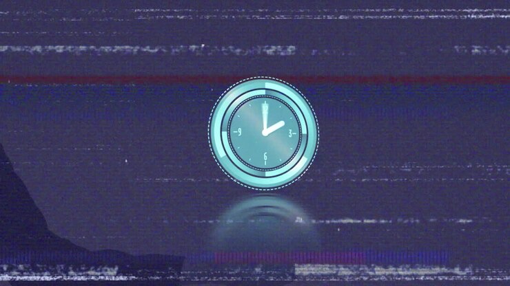 Animation of glitch effect over neon ticking clock against blue background