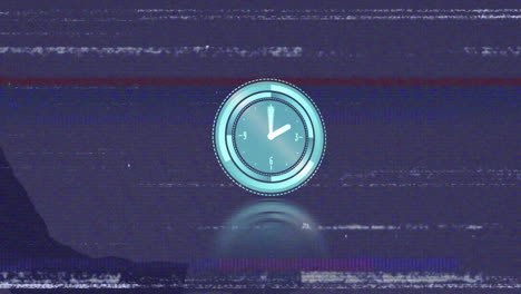 animación del efecto glitch sobre el reloj de neón contra fondo azul