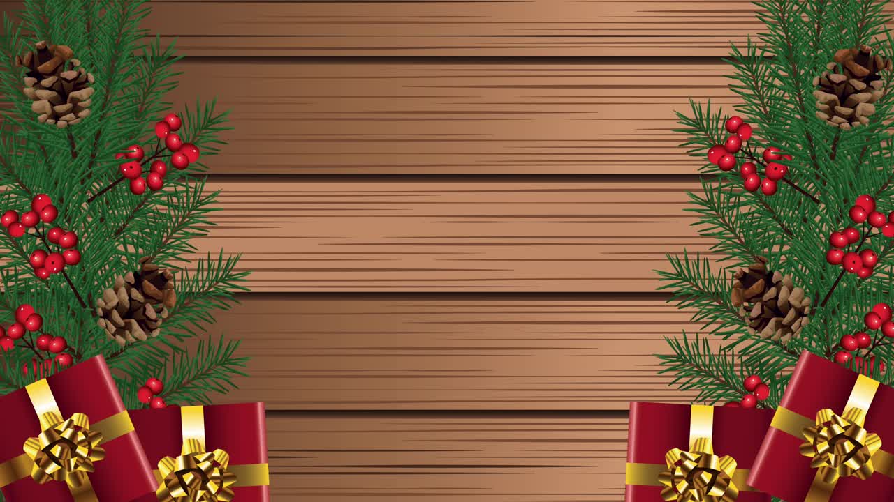 feliz navidad con hojas y regalos en fondo de madera