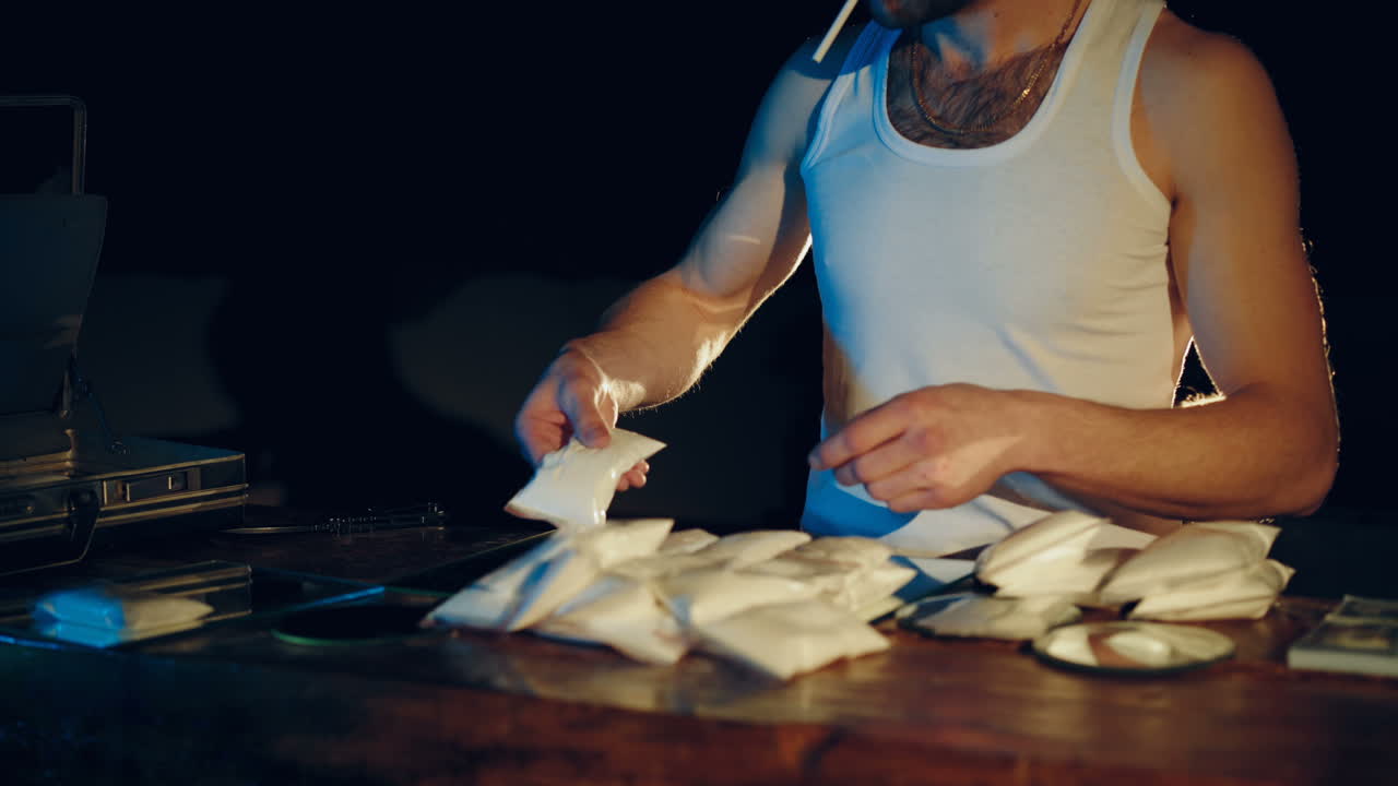 Spacciatore di droga con pacchetti di eroina o cocaina. Attività criminale