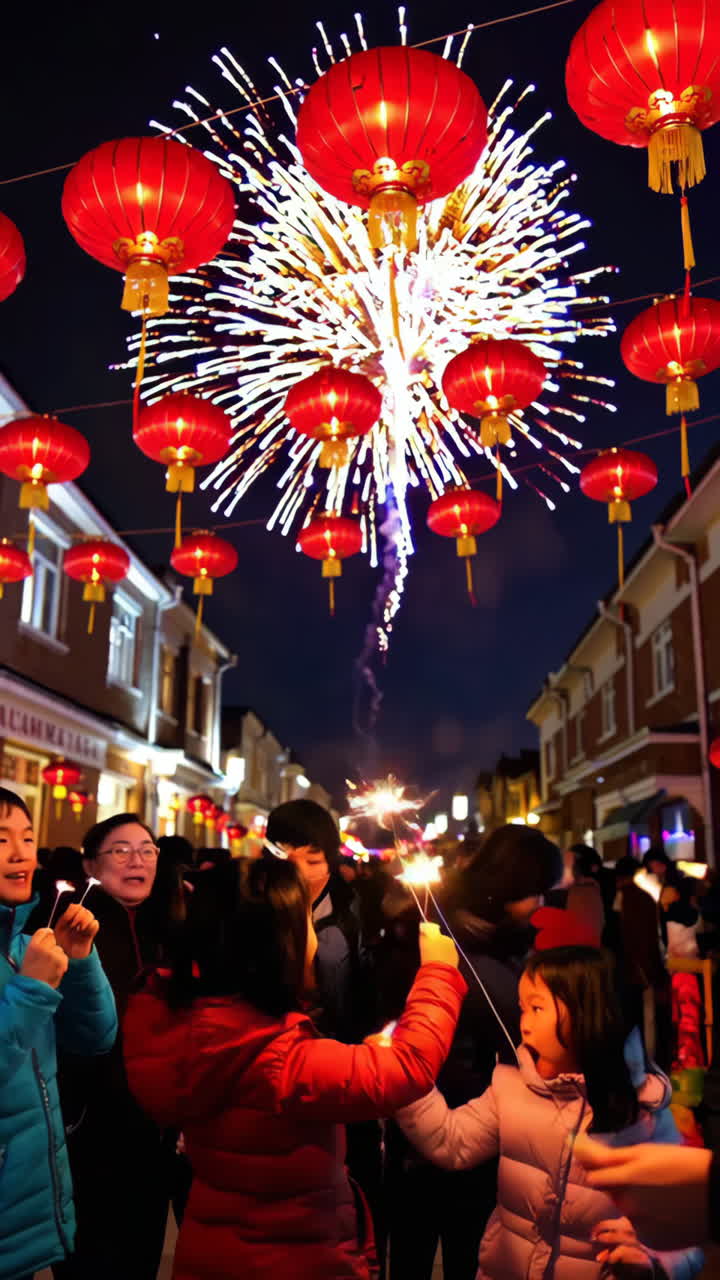 Celebração do Ano Novo Chinês com fogos de artifício e lanternas