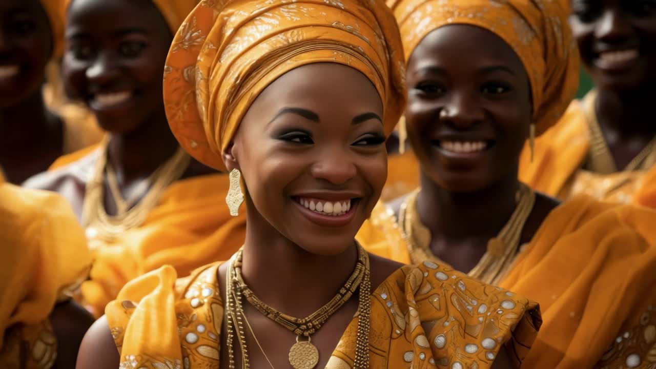 Fotograma de video vibrante de mujeres con atuendos tradicionales, sonriendo alegremente
