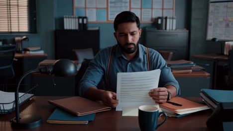 man intently reading documents at an office desk
