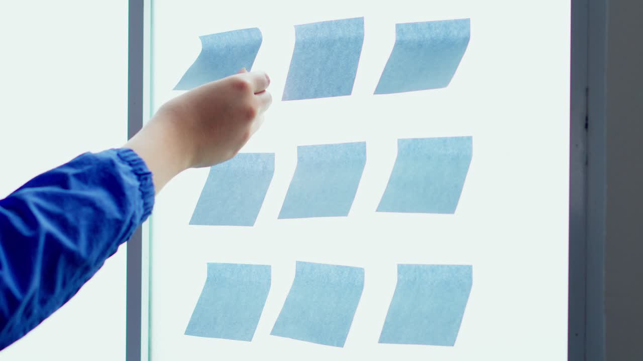 Mano añadiendo una nota adhesiva azul a una cuadrícula en un panel de vidrio