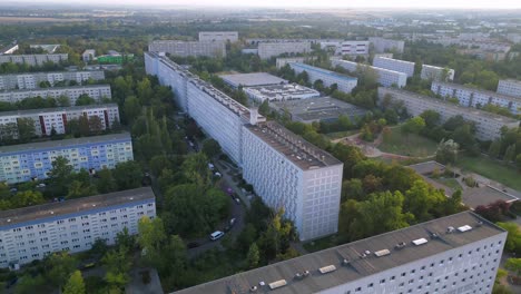 biggest house in the gdr, halle neustadt in germany, known for its plattenbau architecture. wonderful aerial view flight drone camera pointing down