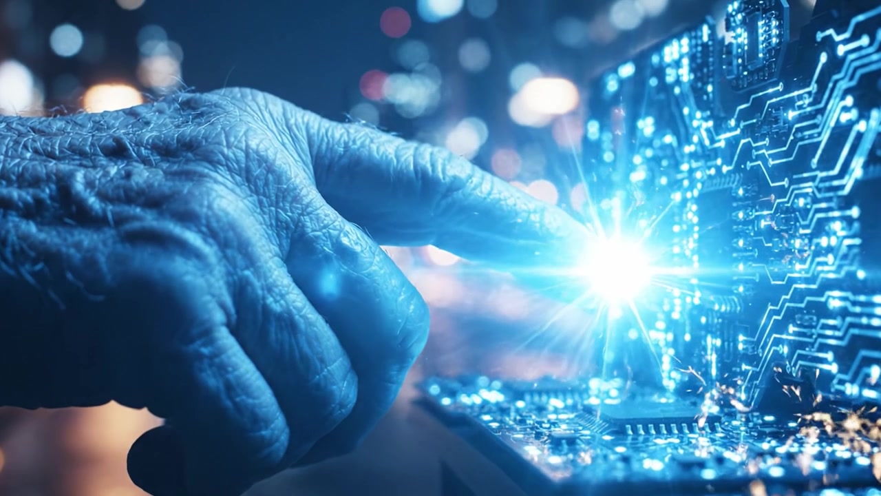 An elderly hand interacts with a glowing circuit board in a bustling urban nightscape, symbolizing the fusion of technology and human experience in a digital world.