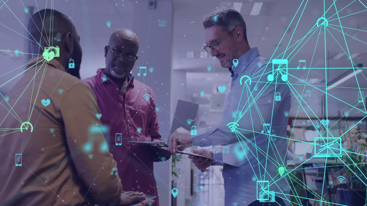 Animation of media and communication networks over diverse male colleagues talking at office