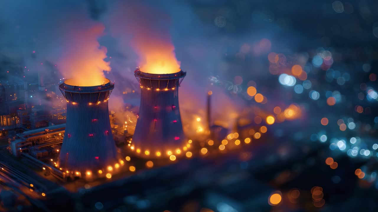 Illuminated Cooling Towers Emitting Smoke at Night in a Distant Industrial Landscape with Filtered Bokeh Lights and Atmospheric Effects