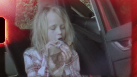 filmed on super 8 film - blonde girl wearing a plaid shirt eating a snack from a brown paper bag in the back seat of a car