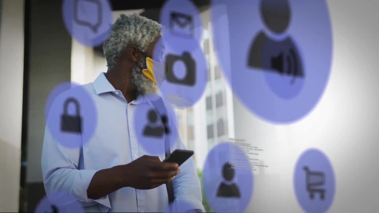 Animation of media icons over african american man using smartphone