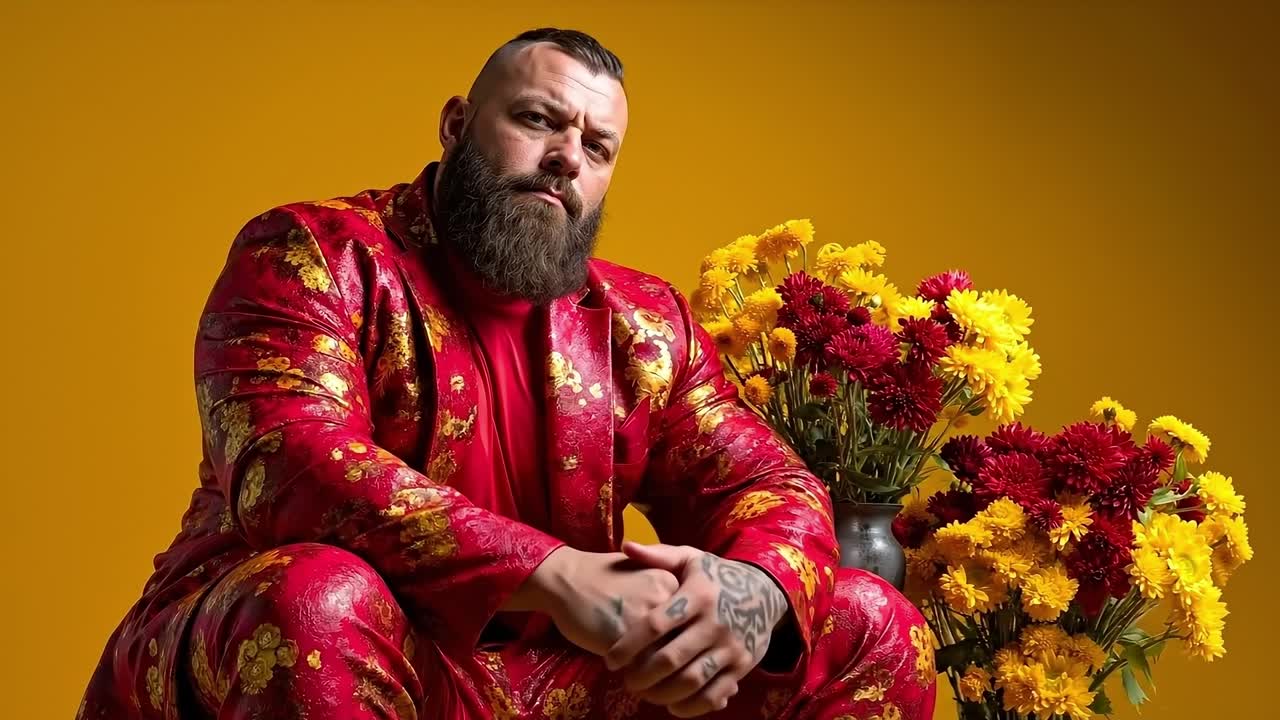 A man in a red robe sitting next to a vase of flowers