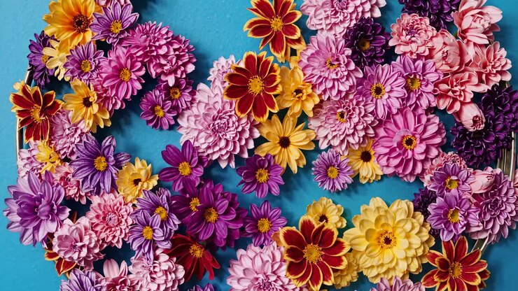 Draufsicht auf lebendige Blumen, die in einem kreisförmigen Muster auf einem blauen Hintergrund angeordnet sind