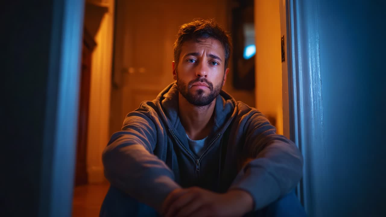 Un uomo assorto siede in un corridoio scarsamente illuminato, riflettendo su pensieri e sentimenti, trasmettendo un'emozione che risuona con introspezione e solitudine.