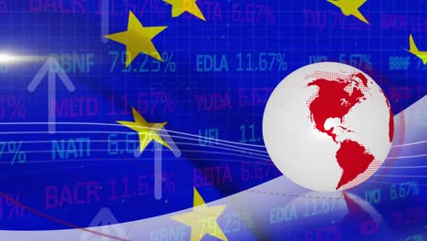 animation of graphical globe with arrow signs moving up and european union flag over trading board