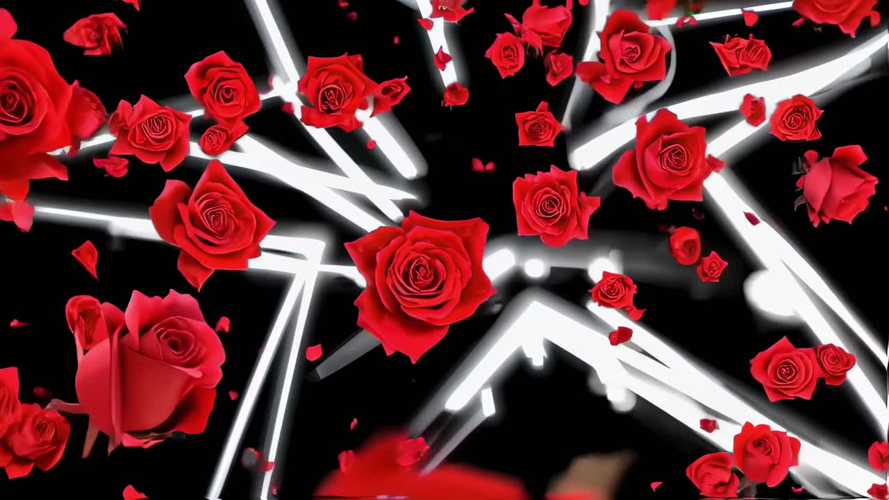 Delicate red rose petals drifting softly against dark background, generating graceful white motion trails, evoking romantic and elegant visual narrative about love and passion