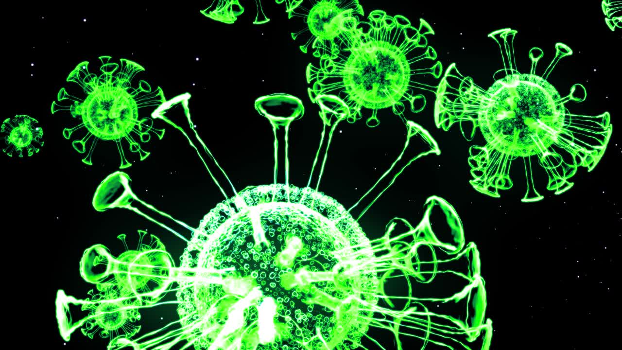 green glowing holographic image of coronavirus like covid-19 virus or influenza virus flies in air or float smoothly on black background. 3D animation in 4k looped. For informational presentation.
