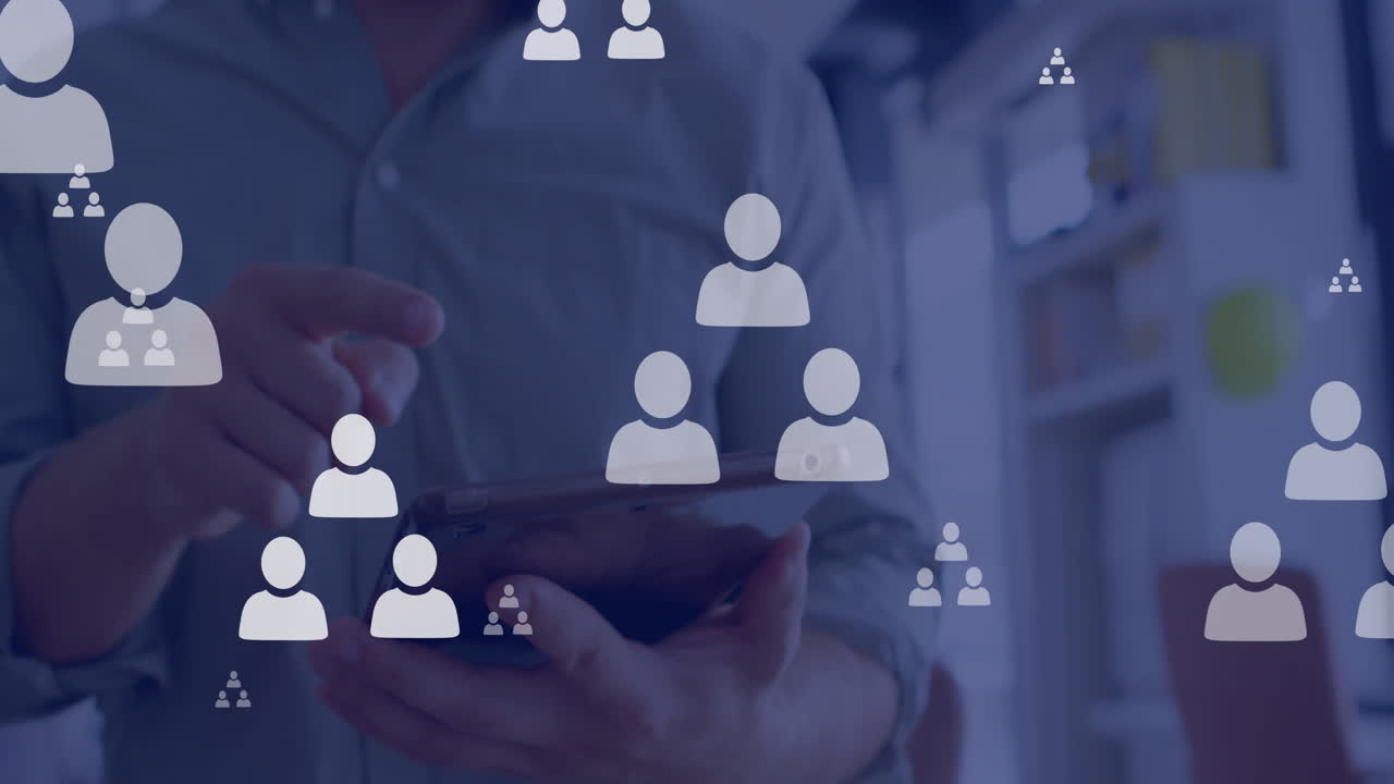 Animation of network of connections with icons over caucasian man using smartphone