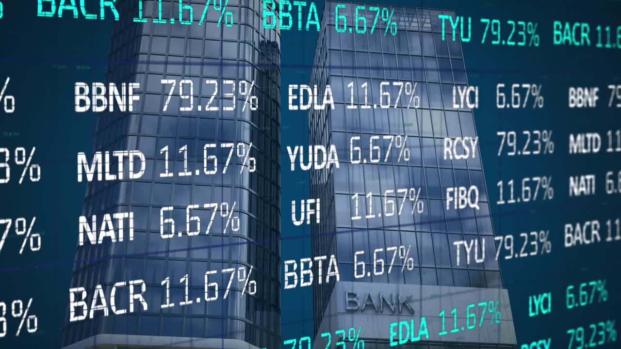 Animation of financial data processing over modern bank building