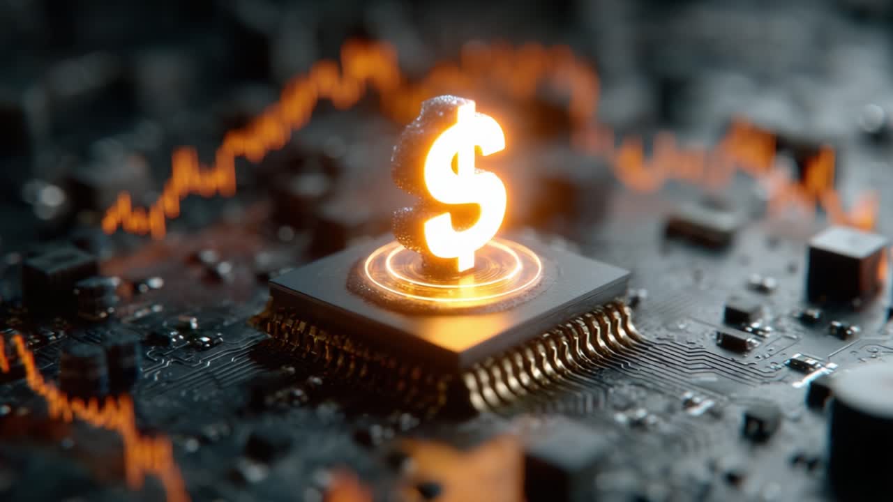 A Digital Transformation: The Evolution of Currency Represented by a Glowing Dollar Sign on a Circuit Board Background in a High-Tech Environment