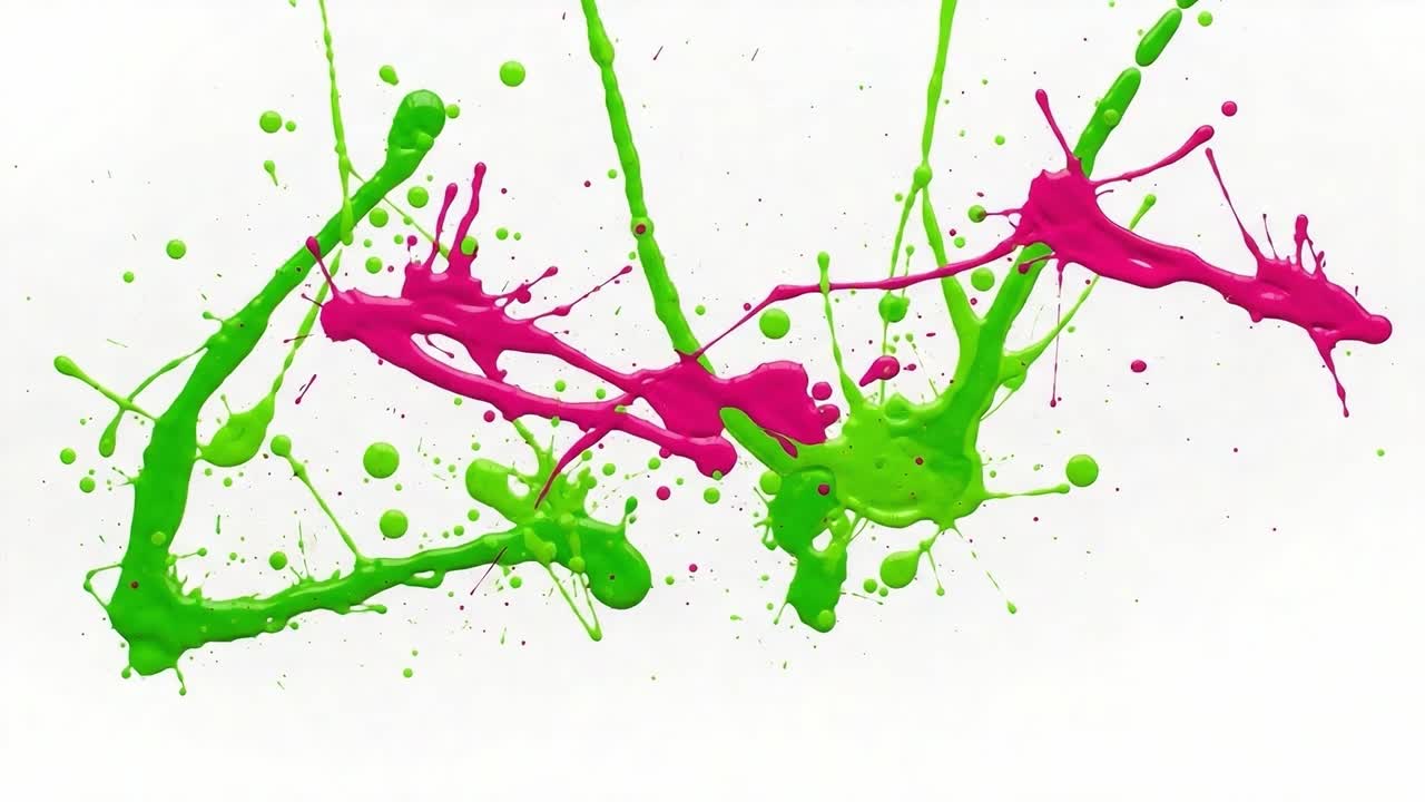 Dynamic Splash Art: Vivid Green and Pink Paint Splashes Captured in High Energy Movement
